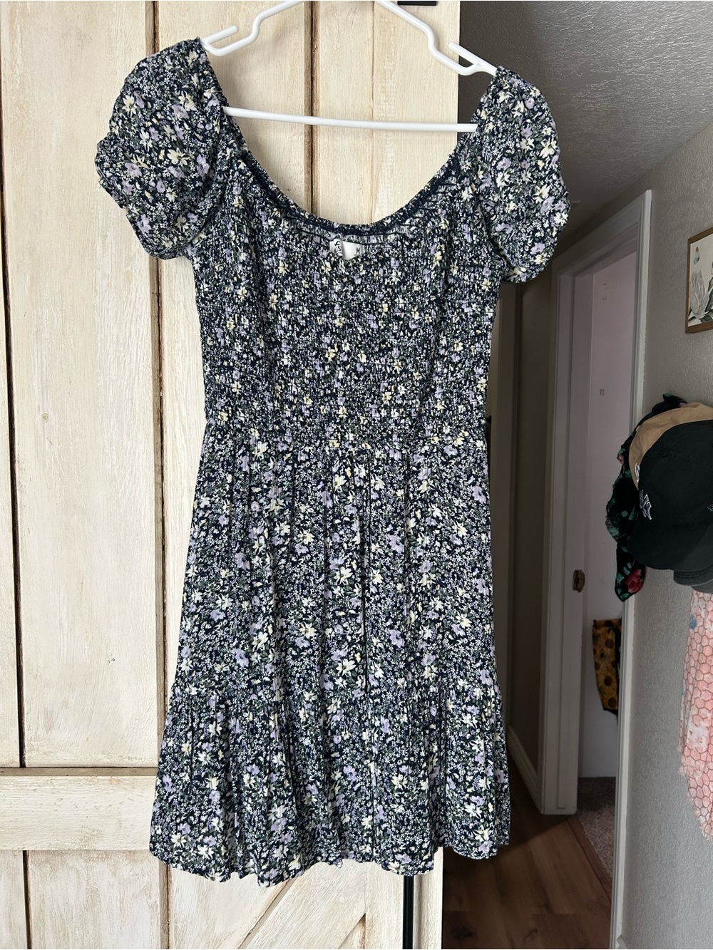 Hollister Black Floral Smocked Puff-Sleeve Mini Dress